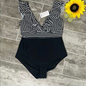 COCOSHIP Black and White Striped Swimsuit